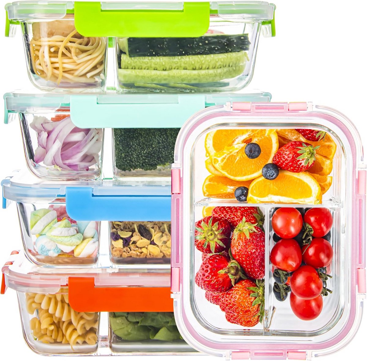 Set van 5 Glazen Voedselopslagcontainers met 3 Compartimenten en Lekvrije Deksel