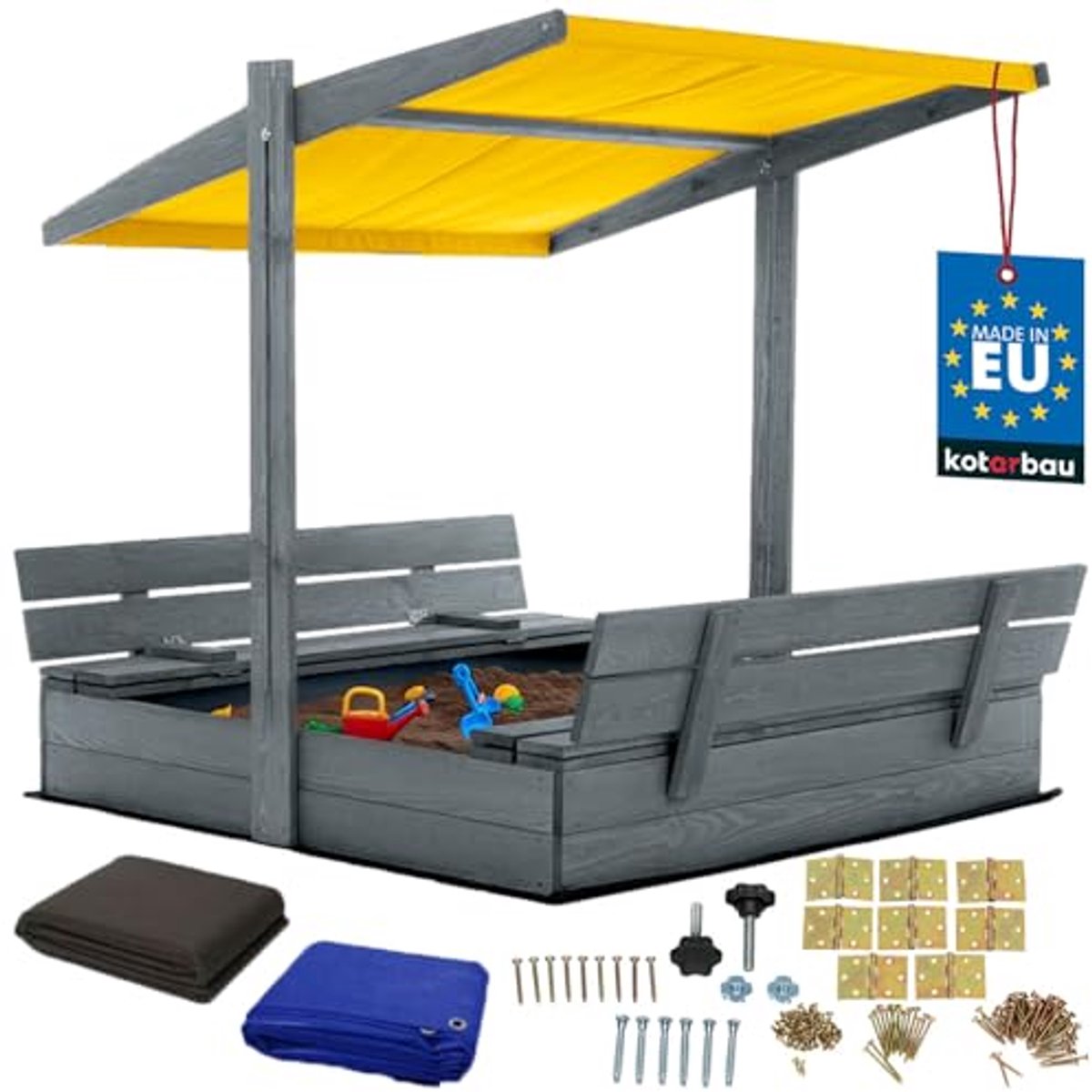 KOTARBAU® Houten Zandbak, 120 x 120 cm, Grijs, Zandbak met Bankjes, met Geel Dak, en Grondzeil, voor Tuin, Buitenspeelgoed