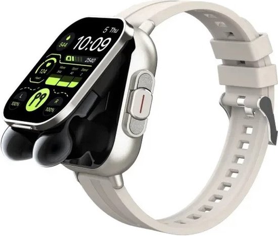 Zilverkleurige smartwatch met een wit bandje, zwarte oordopjes op de smartwatch en een scherm met sportgegevens.