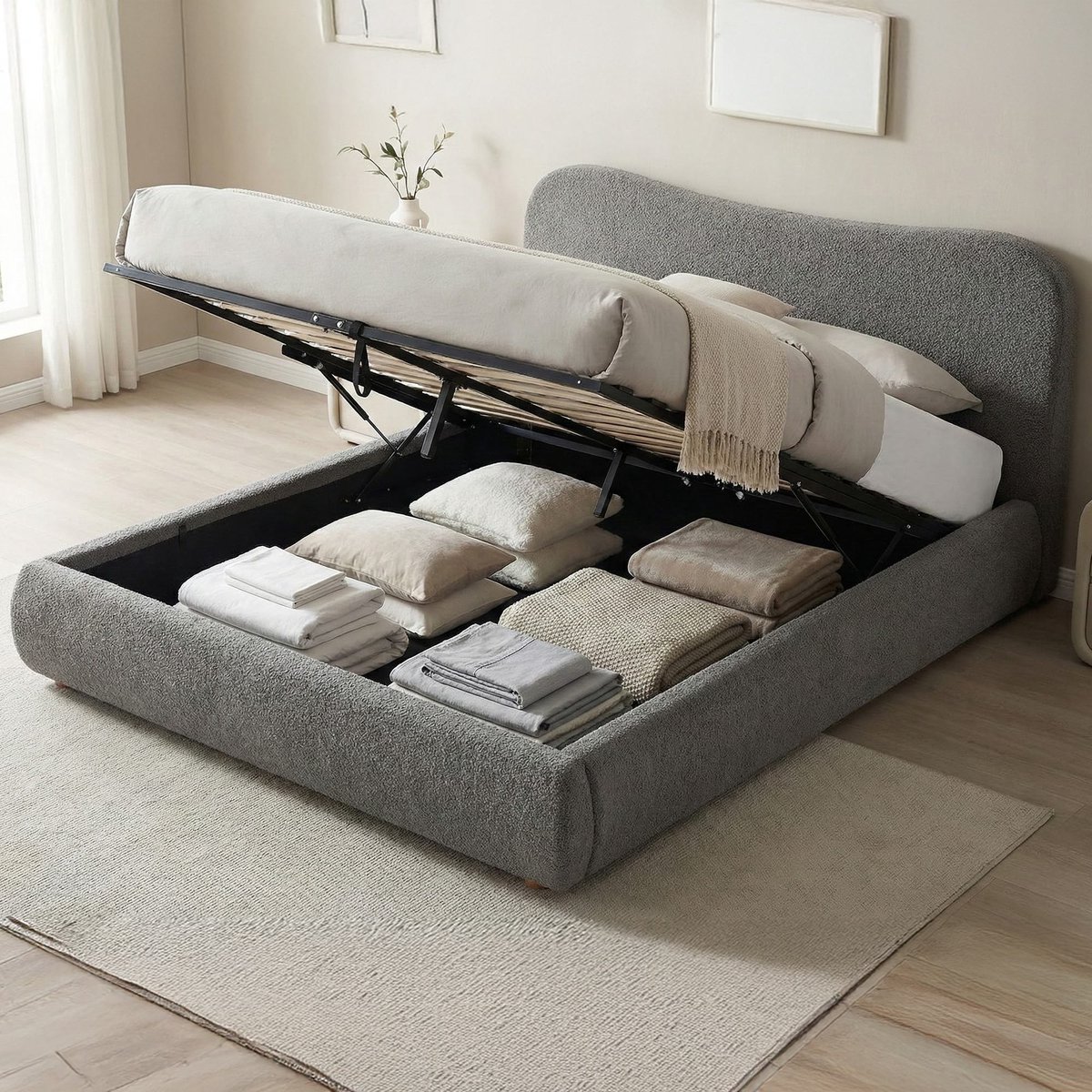 CLP Gestoffeerd bed Maido met opbergruimte - bedframe voor matrassen - lattenbodem - liftmechanisme - tweepersoonsbed met teddystof - donkergrijs