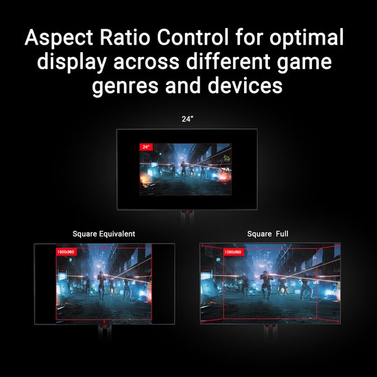 Scherm dat 'Aspect Ratio Control' demonstreert met gamebeelden in verschillende formaten: 24-inch, Square Equivalent (1920x960) en Square Full (1280x960).