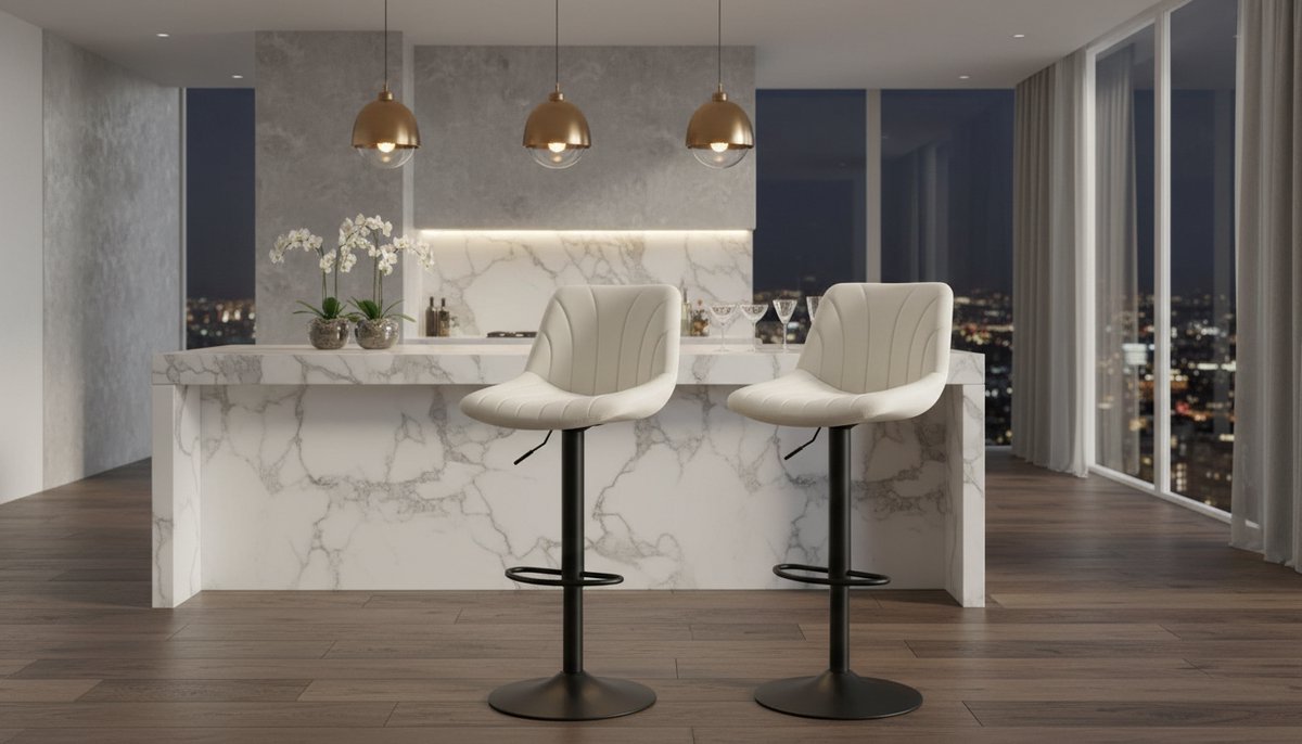 Barkruk – House&Garden Velvet Deluxe Draaibare Barkruk met Rugleuning – In Hoogte Verstelbaar 60-80 cm – 360° Draaibaar – Fluweel – Crème-Wit – Luxe Barstoel voor Keukeneiland