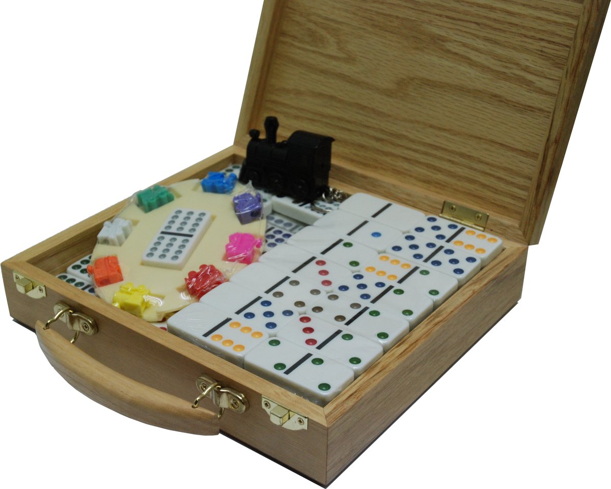 Domino dubbel 12 Mexican Train in houten kist