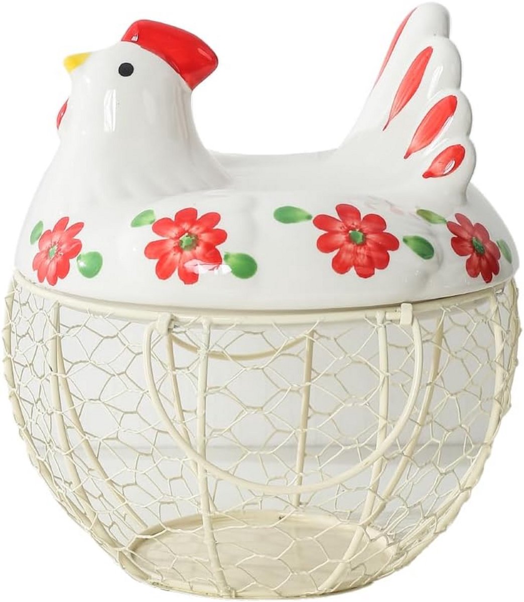 Decoratieve Eierhouder met Keramische Kip en Draadmand voor 20-25 Eieren
