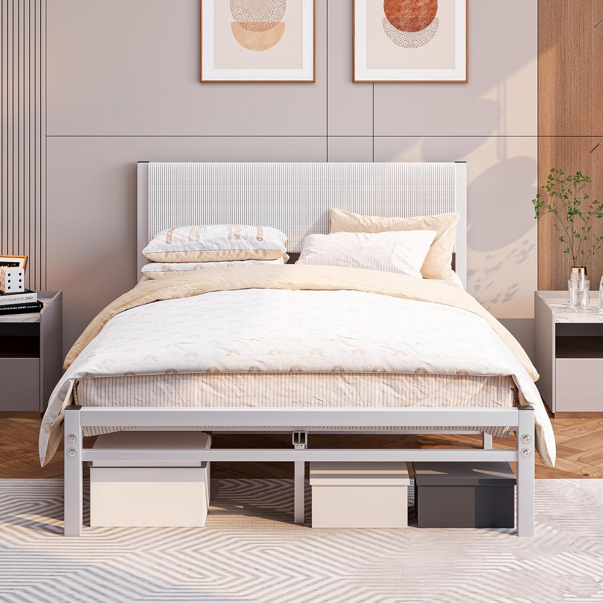 Tweepersoonsbed 120x200 cm met Lattenbodem en Hoofdeinde, Wit Metalen Bedframe
