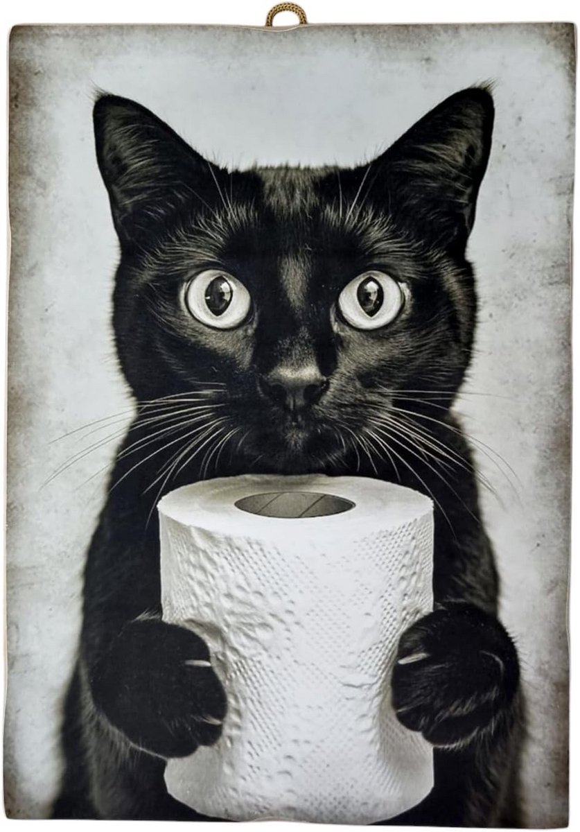 Grappige Houten Wanddecoratie Kat met Toiletpapier voor Toilet of Badkamer