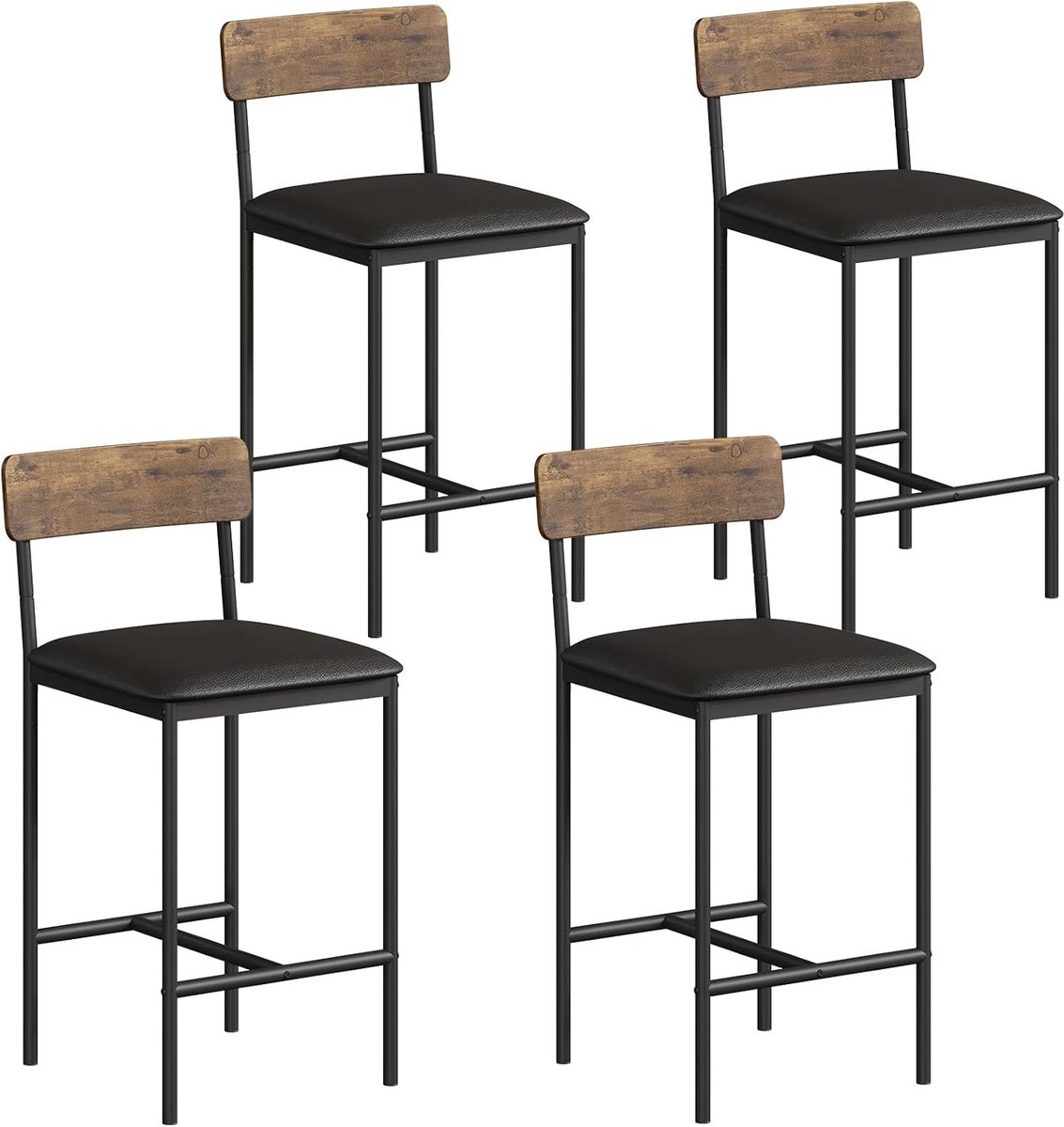 Set van 4 Industriële Barkrukken met Rugleuning en Voetensteun - 65 cm Hoog