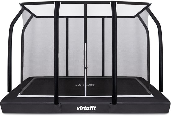 Zwarte rechthoekige trampoline met veiligheidsnet en een open rits.