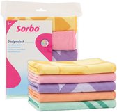 Verpakking van 5 Sorbo design microvezeldoeken in pastelkleuren: geel, roze, paars, oranje, mintgroen.