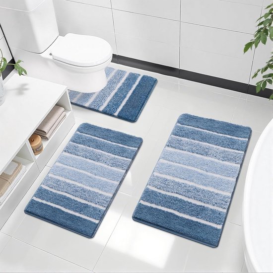3-delige Antislip Badkamerset in Blauw - Zacht en Waterabsorberend