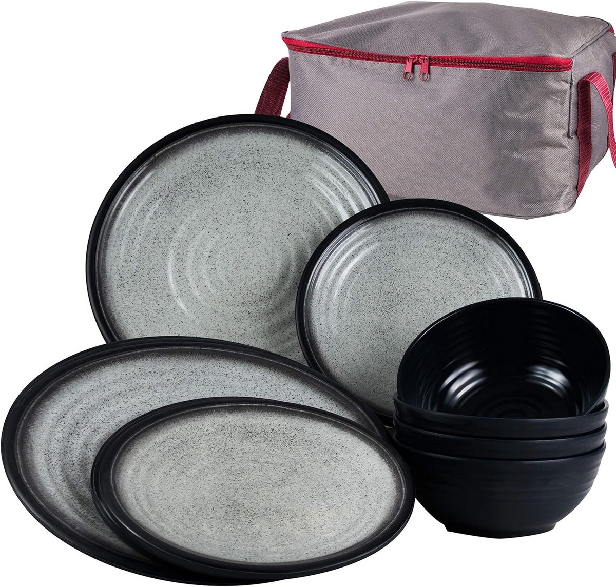 13-delige Melamine Servies Set Grijs voor 4 Personen met Opbergtas