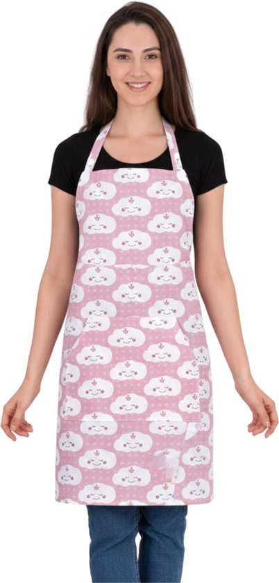 Tablier avec un motif de nuages mignons et souriants sur fond rose pâle à pois.