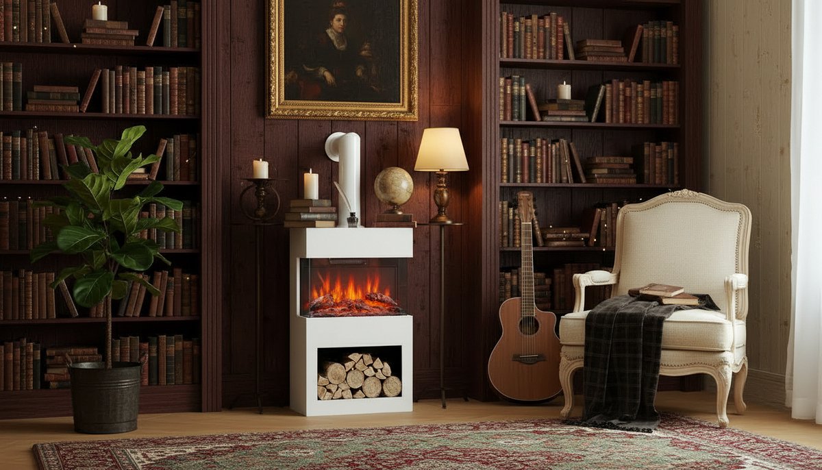 Electric stove Casa Velluto Henri – Vrijstaande elektrische haard met verwarming, 3D-vlameffect, houtopslag, afstandsbediening, modern design, wit – Energiezuinige kachel voor woonkamer, slaapkamer, thuiskantoor