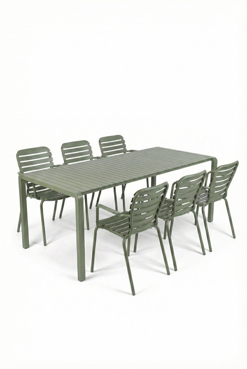Zuiver Vondel Tuinset 6 personen - tuintafel + 6 stoelen met armleuning Groen