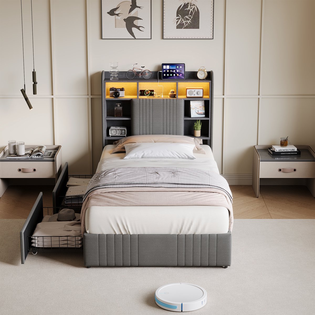 Eenpersoonsbed 90 x 200 cm, Jeugdbed met 2 lades, Houten lattenbodem, Kinderbed, Bed met opbergruimte, LED-verlichting, Grijze linnen stof