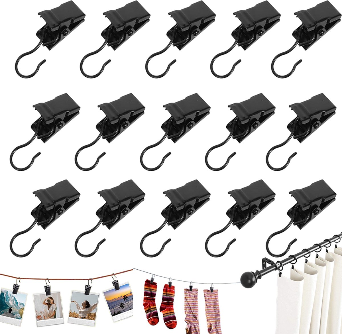 15 stuks Gordijnklem met haak - zwarte gordijnklemmen - Gordijnhaken Clips - Gordijnclip - Douchegordijnklem - Knijper voor het douchegordijn - Het kan gebruikt worden om foto's hangers gordijnen douchegordijnen enz vast te klemmen
