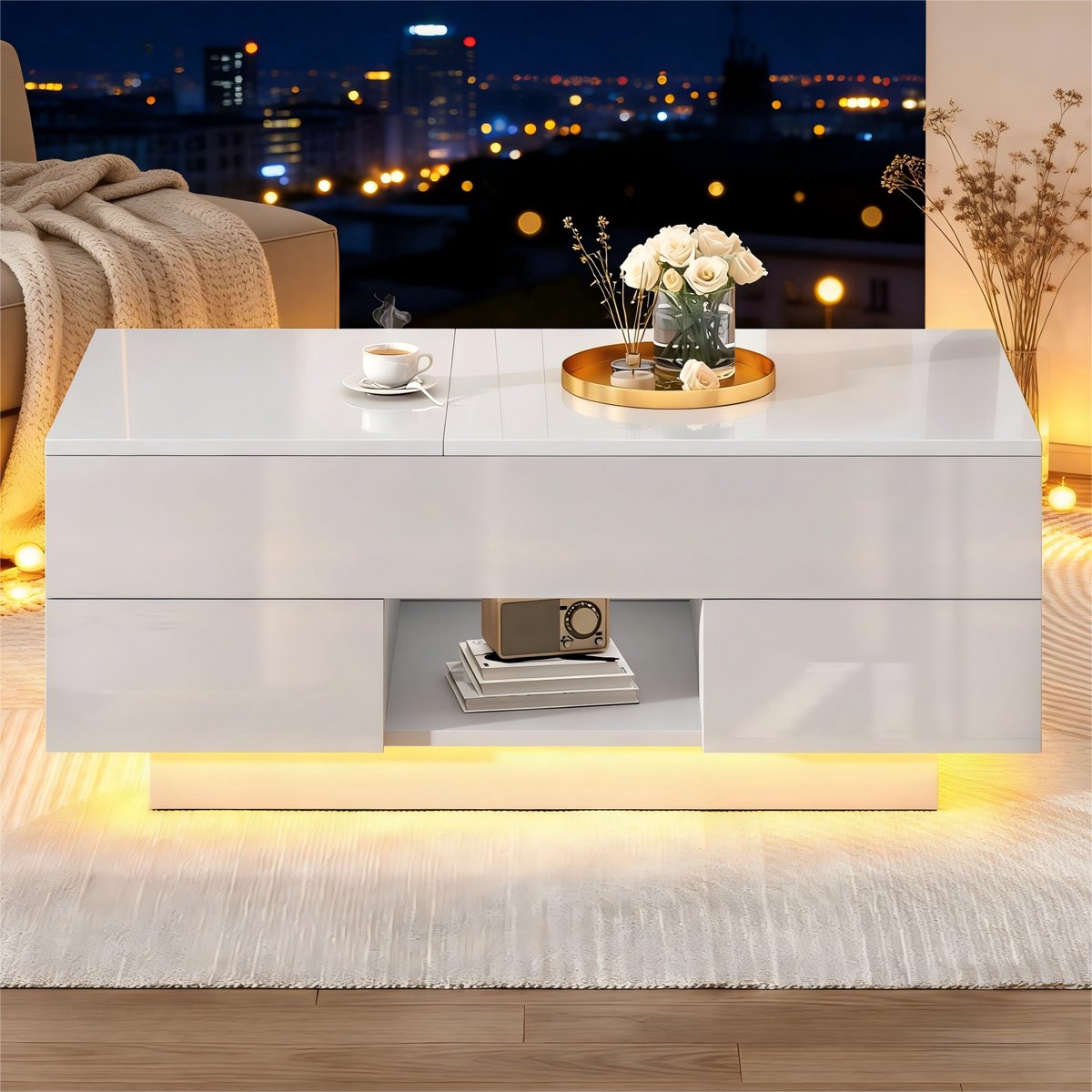 OKWISH Salontafel - Hefbaar En In Hoogte Verstelbaar - Met Ledverlichting En 2 Laden - Voor Wonen En Werken - Spaanplaat Wit - 100×45×43 Cm