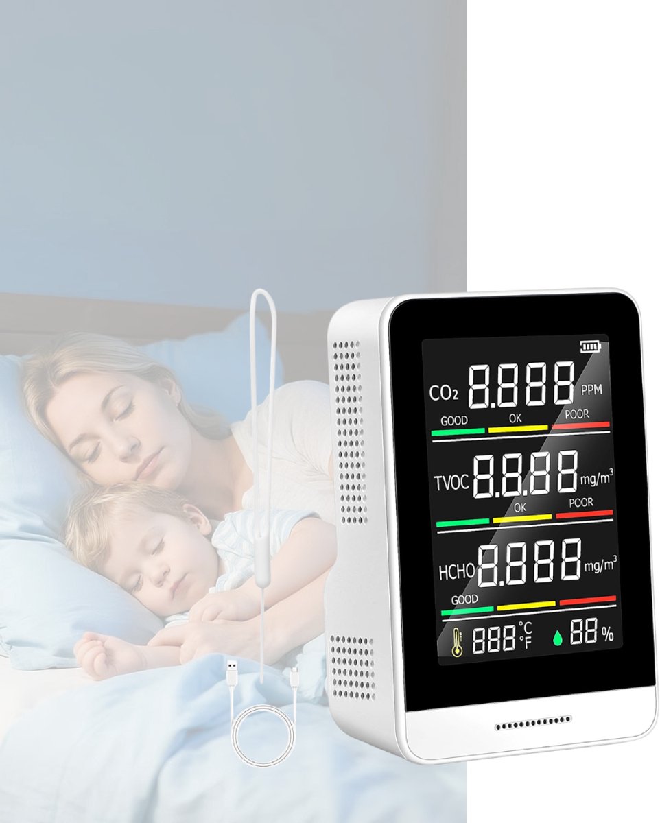 NBAP® Fijnstofmeter - Luchtkwaliteitsmeter Voor Binnen - Co2 Meter - Wit