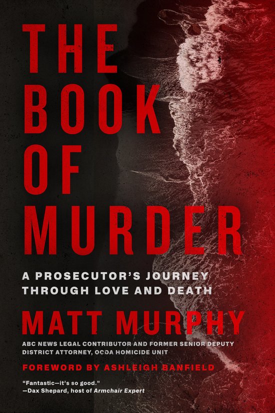Boek "The Book of Murder" met rode tekst op een donkere achtergrond, met een beeld van een kustlijn.
