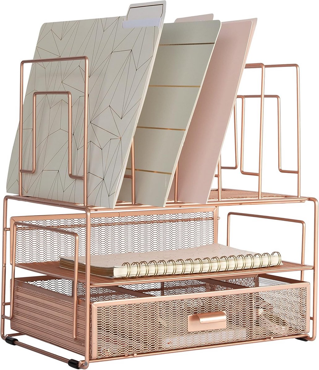 Rose Gold Bureauorganisatie: Alles-in-één Desktop Rack File Organizer met Lade