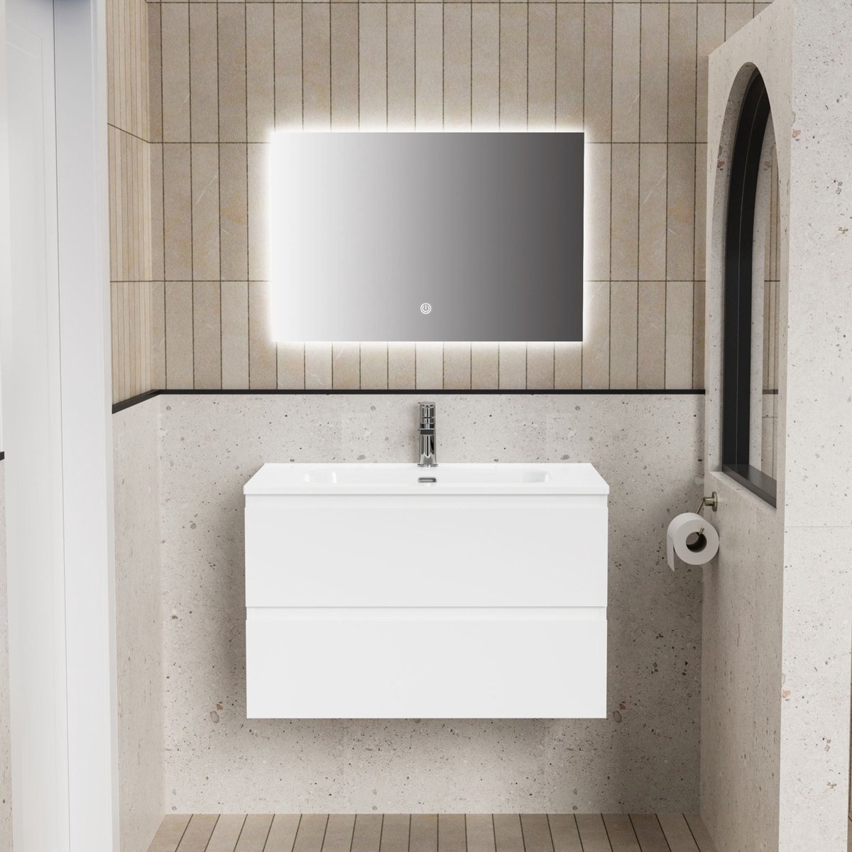 ALONI LIVA badkamermeubelset compleet – 80 cm – glanzend wit – met wastafel en LED spiegel – softclose