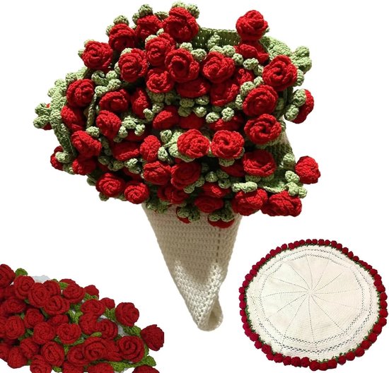 Kraftverdia Bloemenboeket Patroon Plaid – 110 cm – Handgehaakte Deken – Zachte en Lichtgewicht Gebreide Deken – Wit – Rozendeken – Omvormbaar tot een Boeketdeken