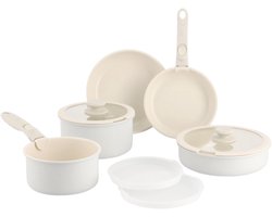 GreenChef Click Pannenset 11-delig – PFAS-vrije antikleeflaag – Pannenset inductie - Keramische pan - Ovenbestendig tot 200°C – Afneembare Handgreep - Met glazen deksel - Crème