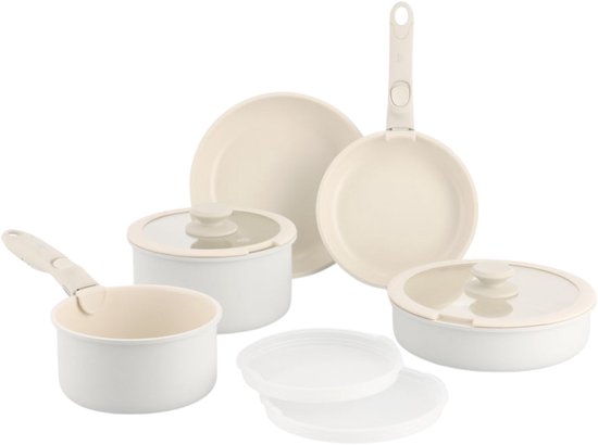 GreenChef Click Pannenset 11-delig – PFAS-vrije antikleeflaag – Pannenset inductie - Keramische pan - Ovenbestendig tot 200°C – Afneembare Handgreep - Met glazen deksel - Crème