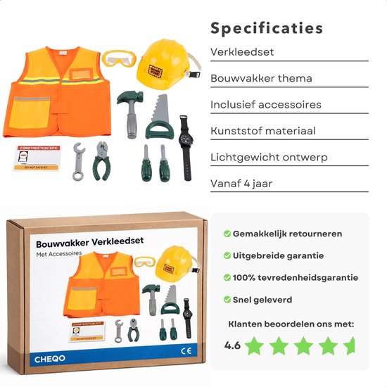 Bouwvakker verkleedset met oranje hesje, gele helm, gereedschap en bordje 'Construction Site'. Verpakking toont ook de set.