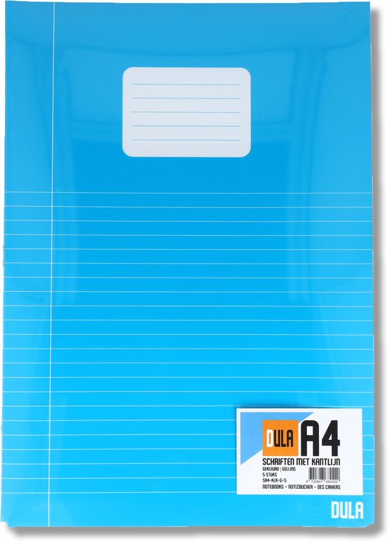 Blauw DULA schrift A4 met lijntjes en een titel-label. Verpakking met tekst.