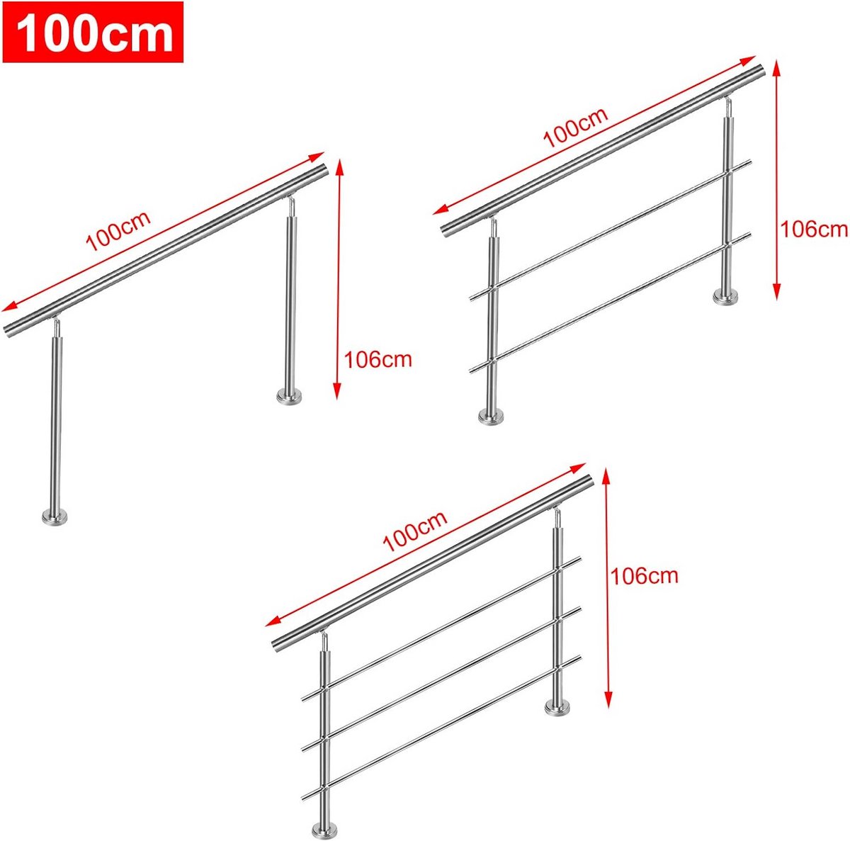 Trapleuning RVS 100 cm Binnen en Buiten met 2 Palen voor Trap en Balustrade