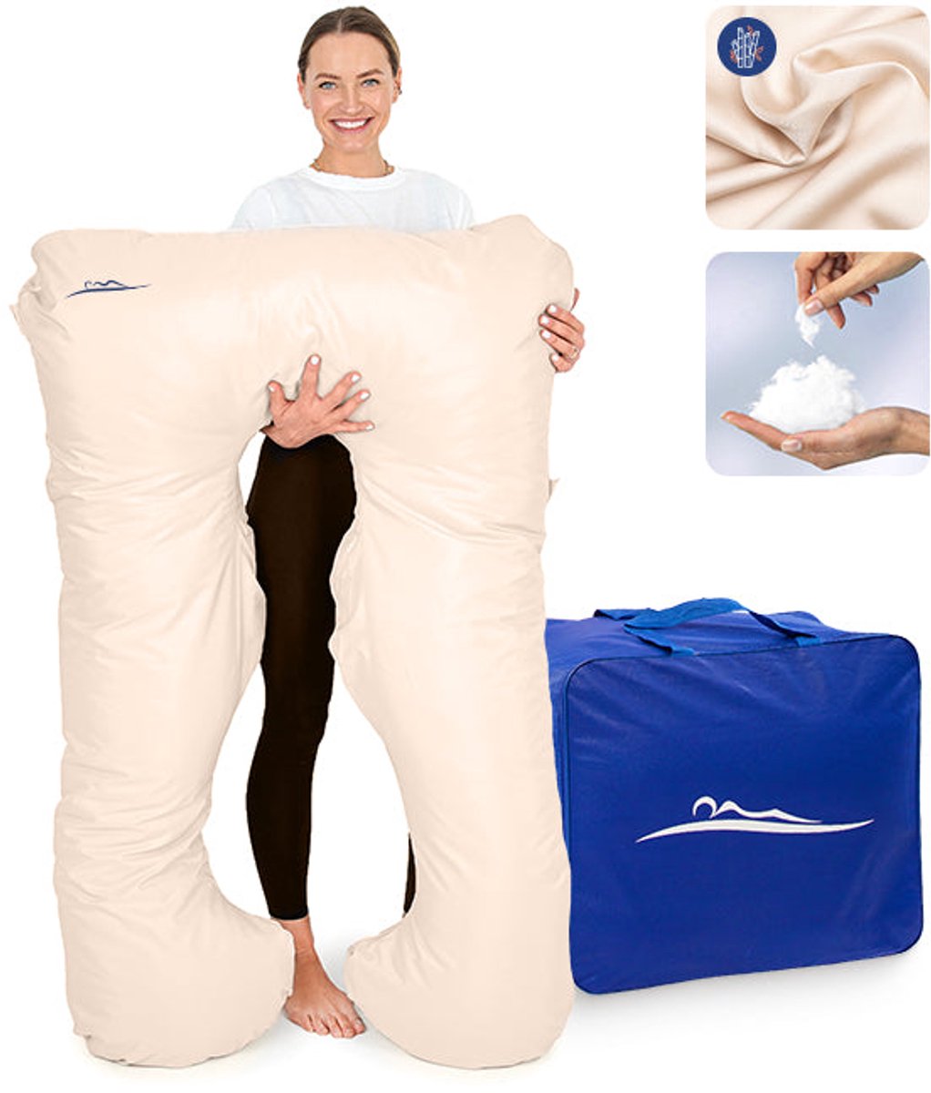 KomfortKissen™ Premium Zwangerschapskussen XXL – Lichaamskussen 150 cm – Zijslaapkussen – Body Pillow – Voedingskussen – Ergonomisch Kussen – Afneembare Hoes – Wasbaar – Borstvoedingskussen – Beige