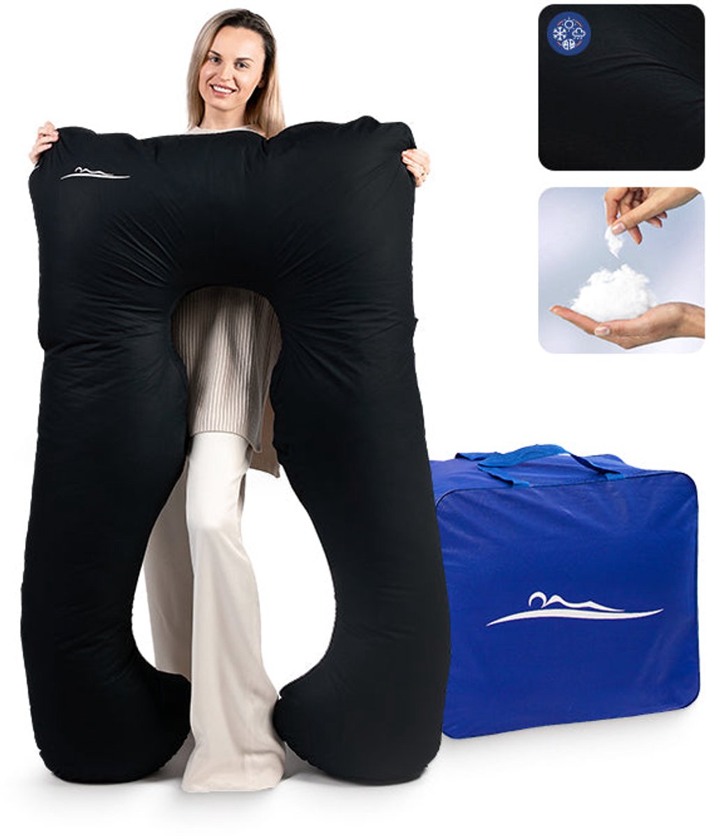 KomfortKissen™ Premium Zwangerschapskussen XXL – Lichaamskussen 150 cm – Zijslaapkussen – Body Pillow – Voedingskussen – Ergonomisch Kussen – Afneembare Hoes – Wasbaar – Borstvoedingskussen – Zwart