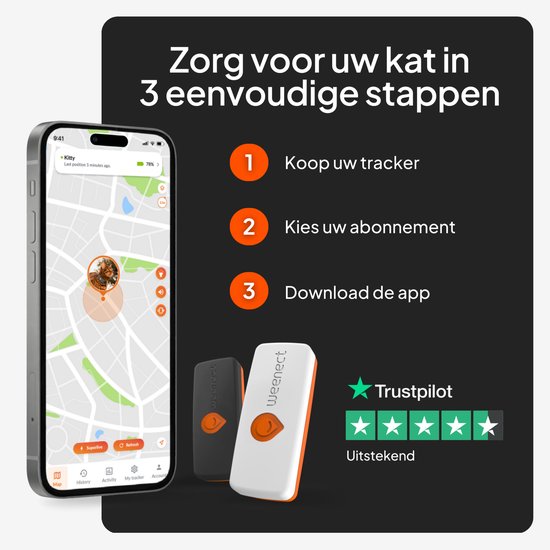 Zorg voor uw kat in 3 stappen: Koop uw tracker, kies uw abonnement, download de app. Telefoon met kaart en katten tracker. Weenect trackers (zwart en wit). Trustpilot score.