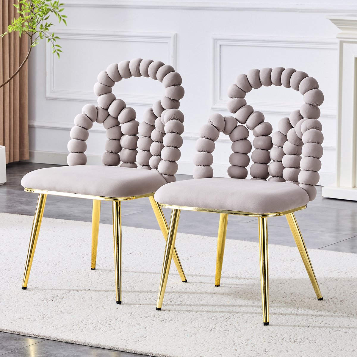 HAUSS SPOLE Eetkamerstoel – Set Van 2 – Open Rugleuning Met Kogeldetail – Comfortabele Fluwelen Zitting – Voor Eetkamer En Woonkamer – Lichtgrijs