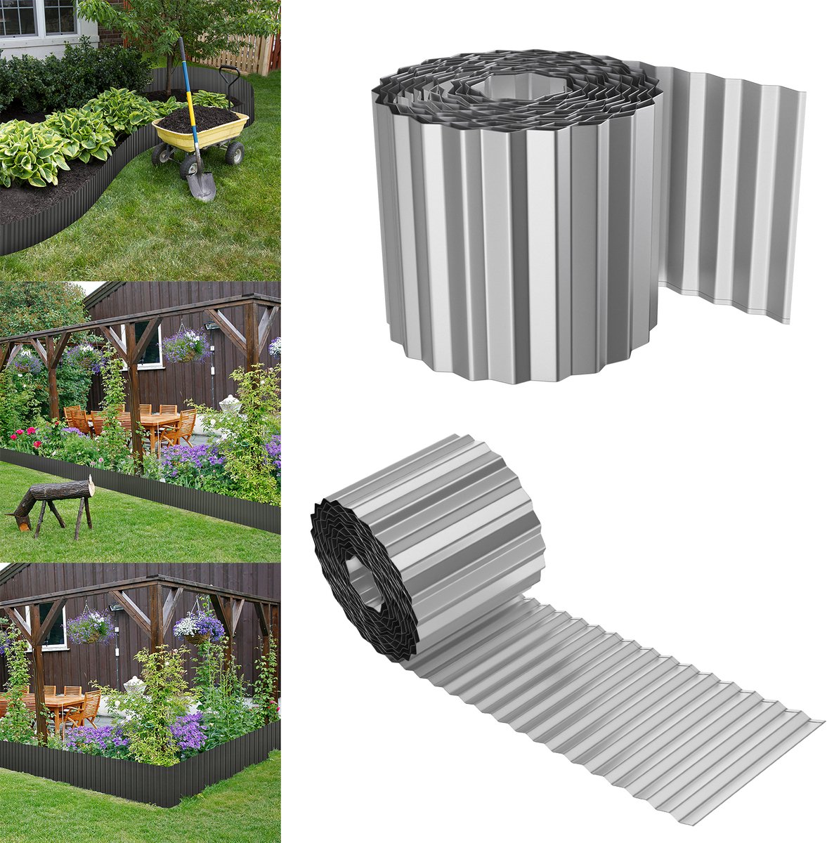 Froadp 9 stuks Flexibele Verzinkte Metaalen Gazonrand 5m (15cm hoog) - Golfvormige Perkbegrenzing - Zilver