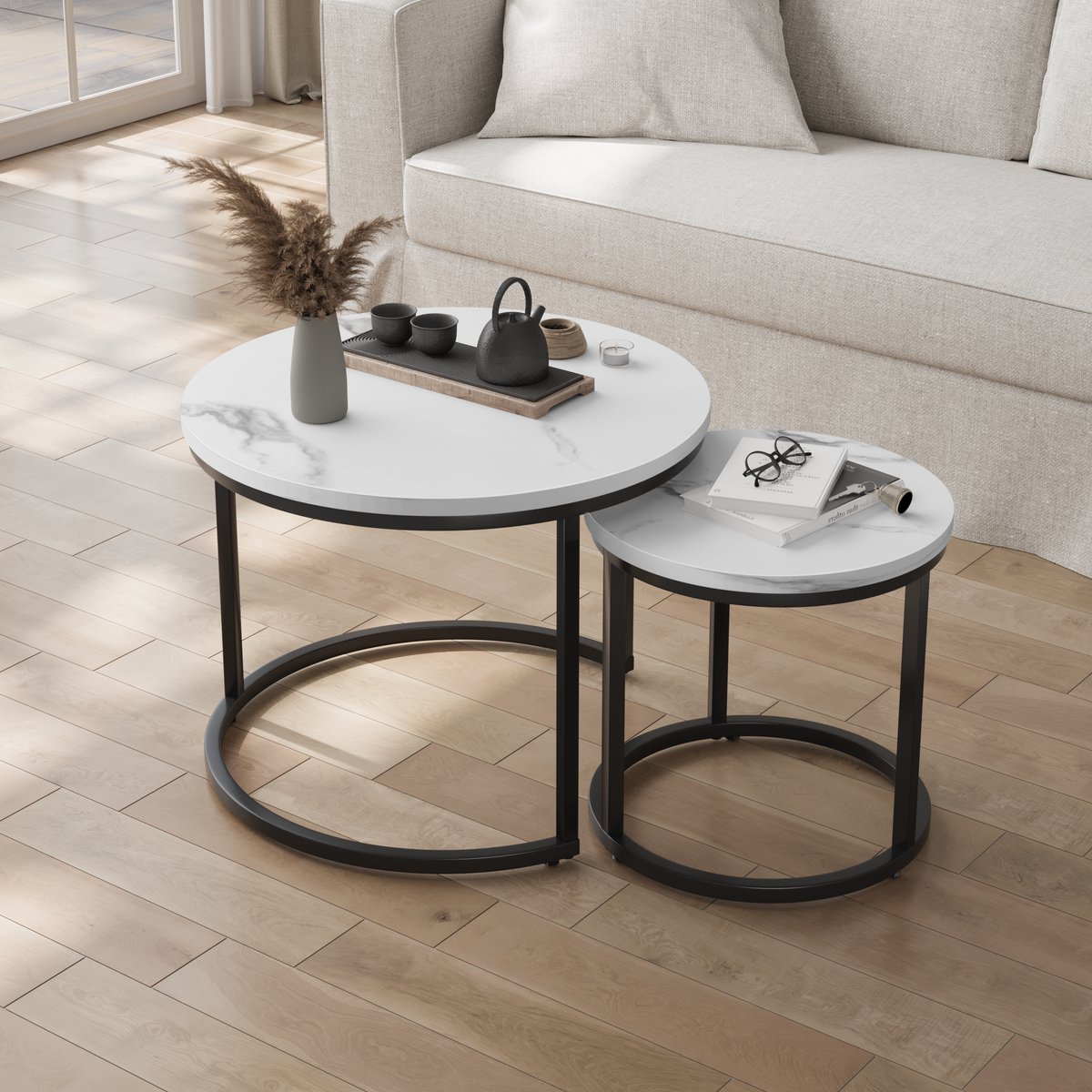 OKWISH Salontafel Set Van 2 Rond - Nesting Ontwerp Voor Kleine Ruimte - Wit Tafelblad Met Zwart Metalen Frame - 60 En 40 Cm