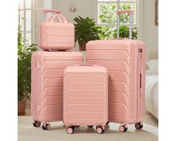 OKWISH Kofferset Spinner - 4 Delig 14 19 24 28 Inch - ABS - Roze - Reizen Met Cijferslot - Met Kosmetickoffer