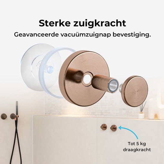 Exploded view van een koperkleurige haak met zuignapbevestiging. Belastbaar tot 5 kg.