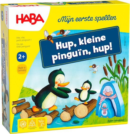 Doos van het spel Hup, kleine pinguïn, hup! met afbeeldingen van pinguïns en water