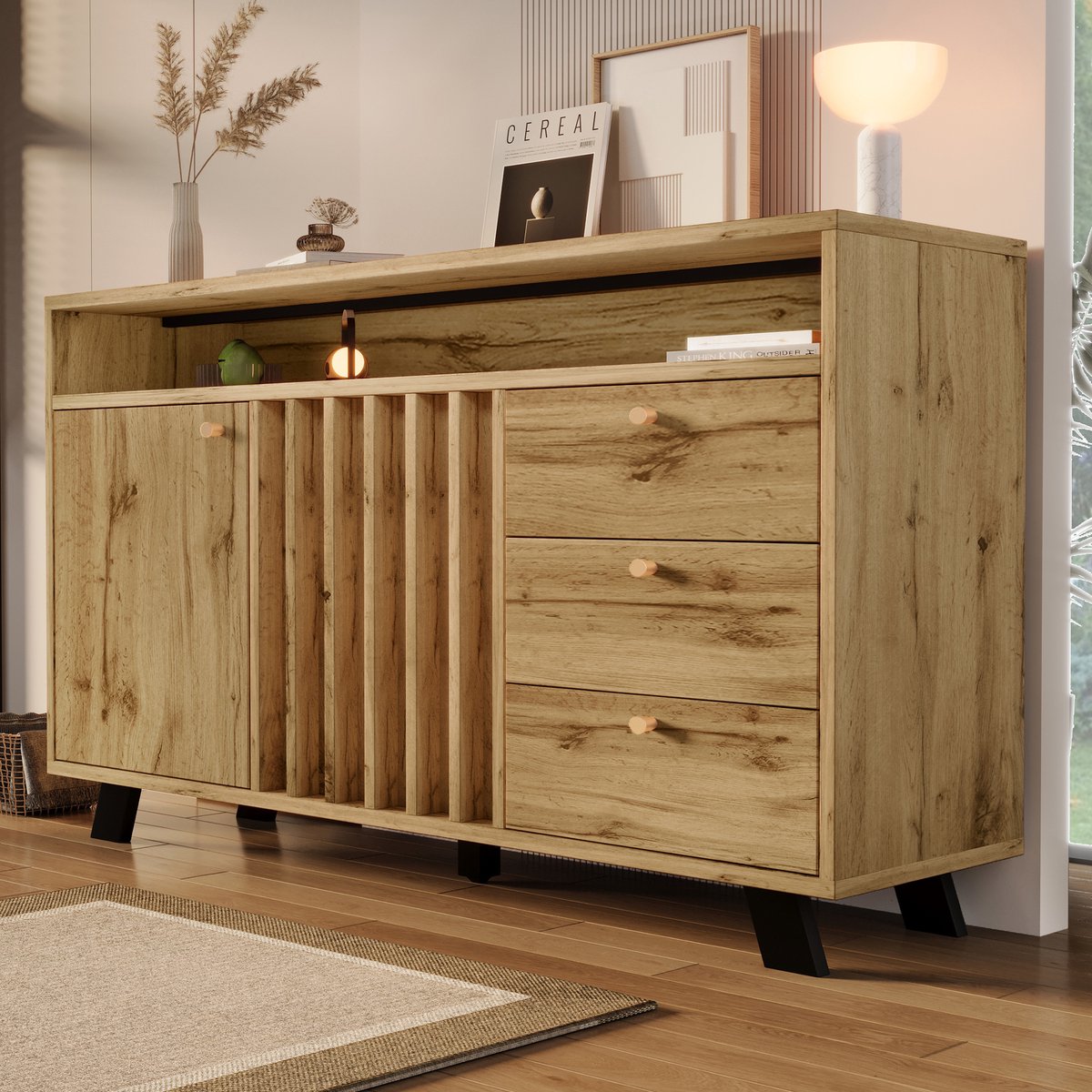OKWISH Dressoir - Met Lamellenfront En Opbergruimte - 2 Deuren 3 Lades Open Vak Vintage Stijl -120×40×85 cm - Hout - Donkere Eik