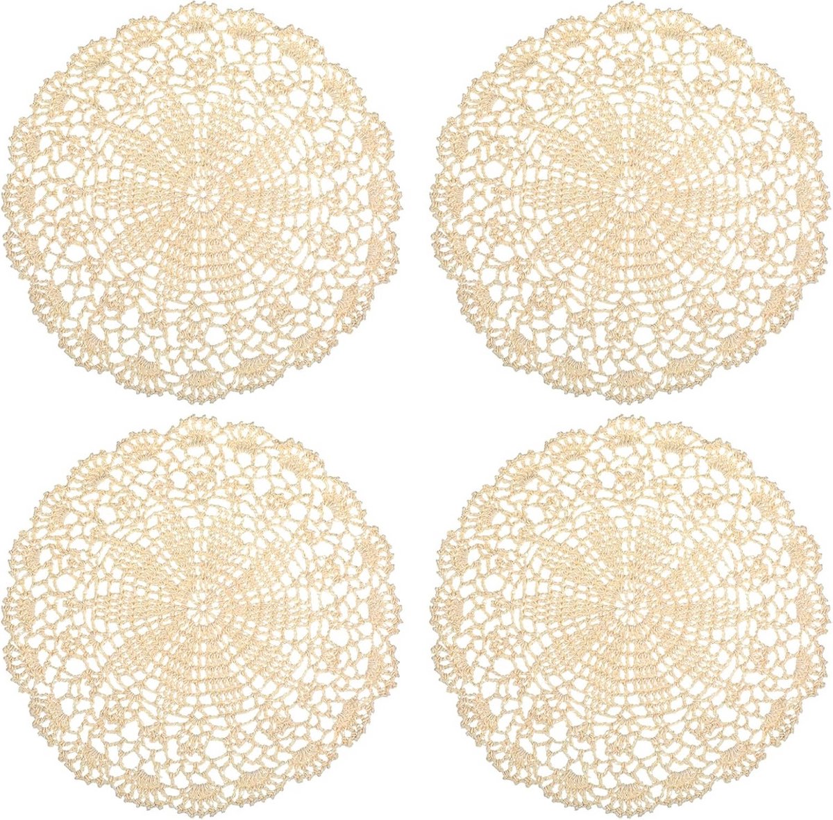 Set van 4 Ronde Gehaakte Placemats in Beige Katoen - Antislip Tafelbeschermers