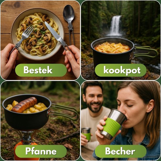 Coemo 7-delige outdoor kookset, groen, campingfornuis, pannenset met rugzakfornuis, roestvrijstalen beker, mes, vork en lepel voor backpacken, kamperen, wandelen en picknicken. — afbeelding 4