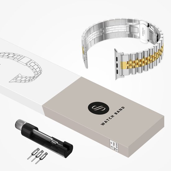 Zilveren en gouden horlogebandje, tool en verpakking. "Selencia Watch Band".