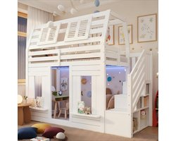 OKWISH Stapelbed 90x200cm – Kinderbed Met Ledverlichting – Met Opbergruimtetrap Rechts – Met Valbeveiliging – Huisstijl – Zonder Matras – Wit