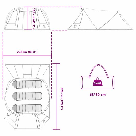 vidaXL - Tunnel - Tent - 3-Person - 3-persoons - Groen - en - Wit van Vidaxl — afbeelding 5