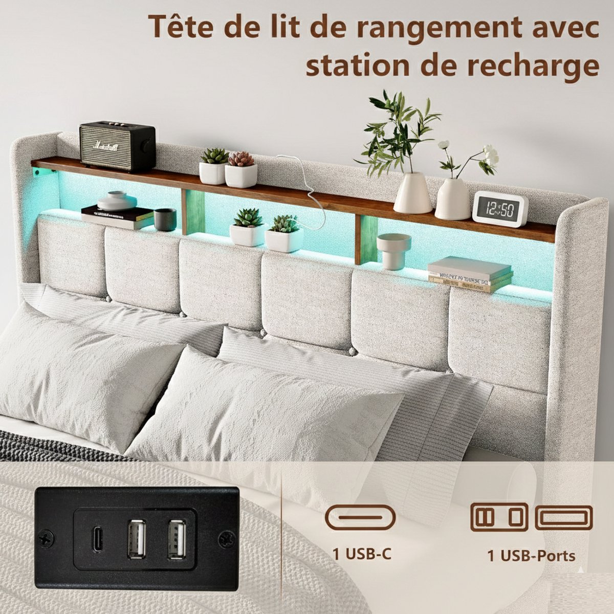 Gestoffeerd Tweepersoonsbed 140x190 cm met LED & Opbergruimte – Casa Velluto Aurora Luxe Bedframe met 4 Laden, USB & USB-C, Lattenbodem, Linnen Beige – Modern Opbergbed