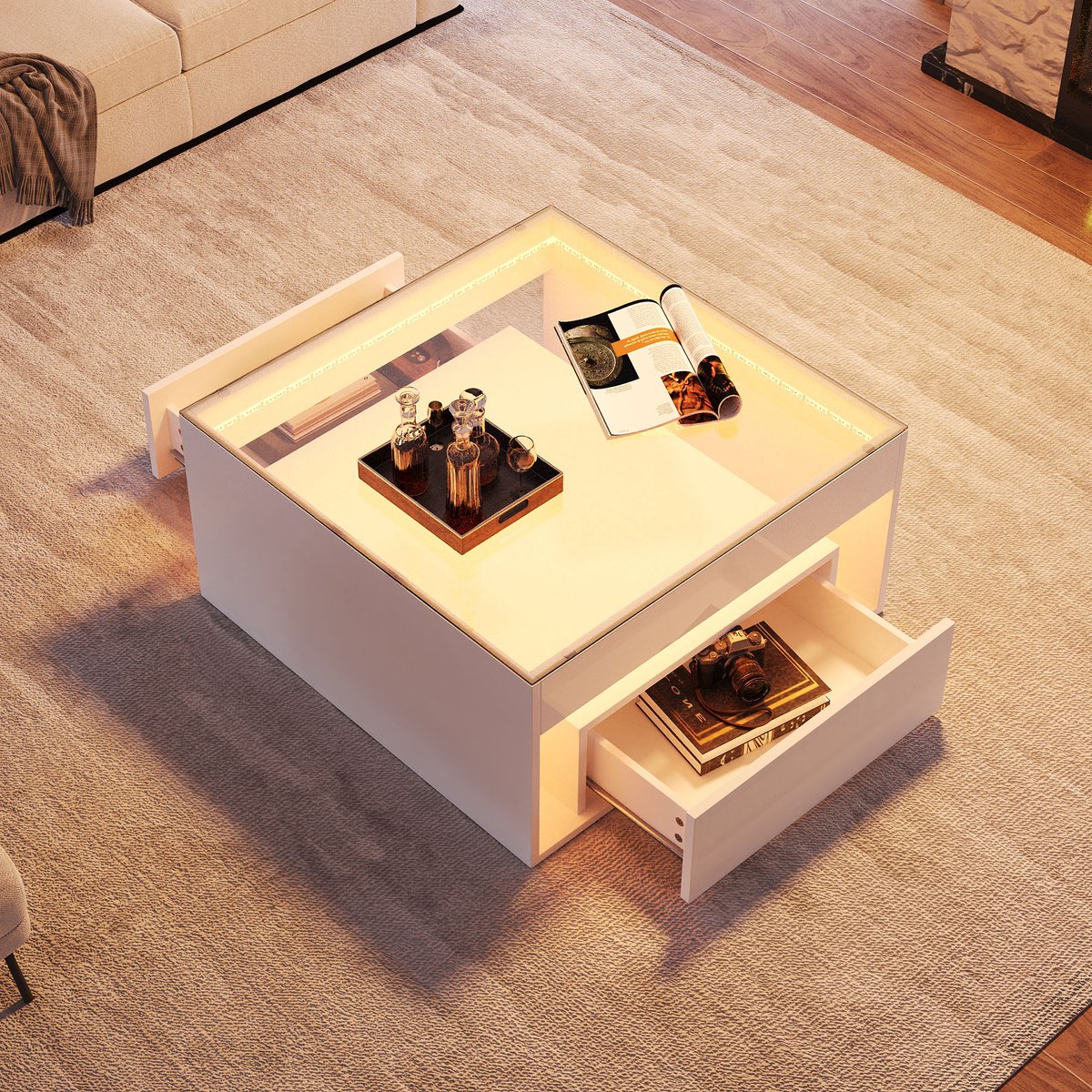STILVORA Salontafel - Vierkant Met LED En 2 Lades - Compact Voor Woonkamer En Kleine Ruimte - MDF En Gehard Glas - 70x70x35 Cm - Wit