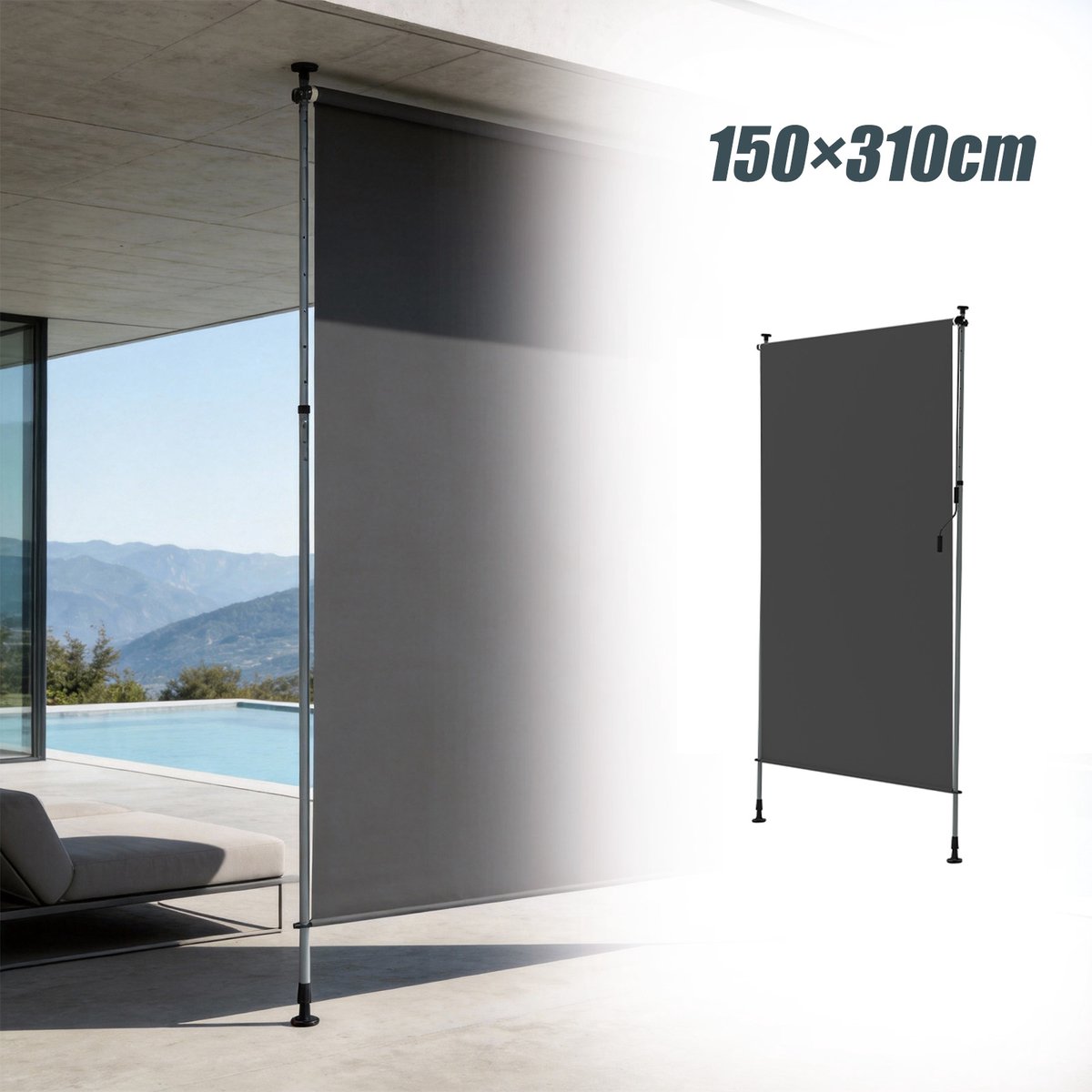 Aufun rechtopstaande zonwering – in hoogte verstelbaar – donkergrijs – 150 x 310 cm – met handslinger – voor balkon, terras en tuin