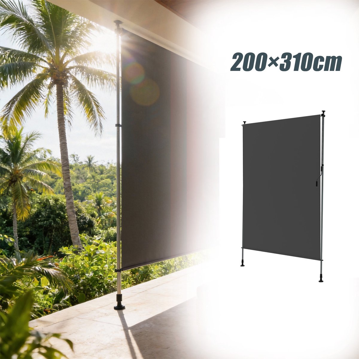Aufun Rechtopstaande, In Hoogte Verstelbare Zonwering - Donkergrijs - 200 x 310 cm - Privacyscherm Met Handslinger - Geschikt Voor Balkons, Terrassen En Tuinen